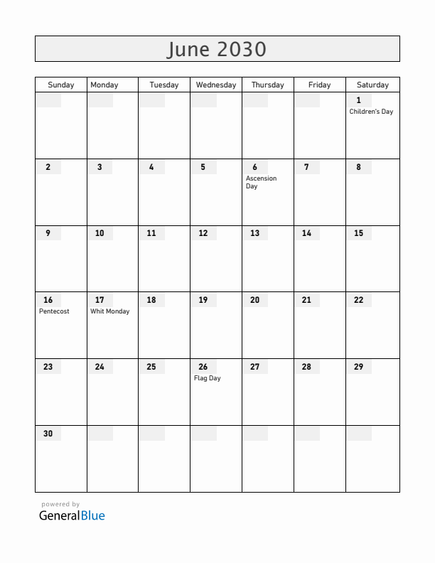 Romania June 2030 Calendar with Holidays