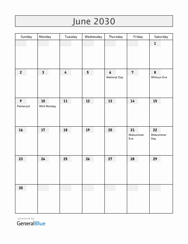 Sweden June 2030 Calendar with Holidays