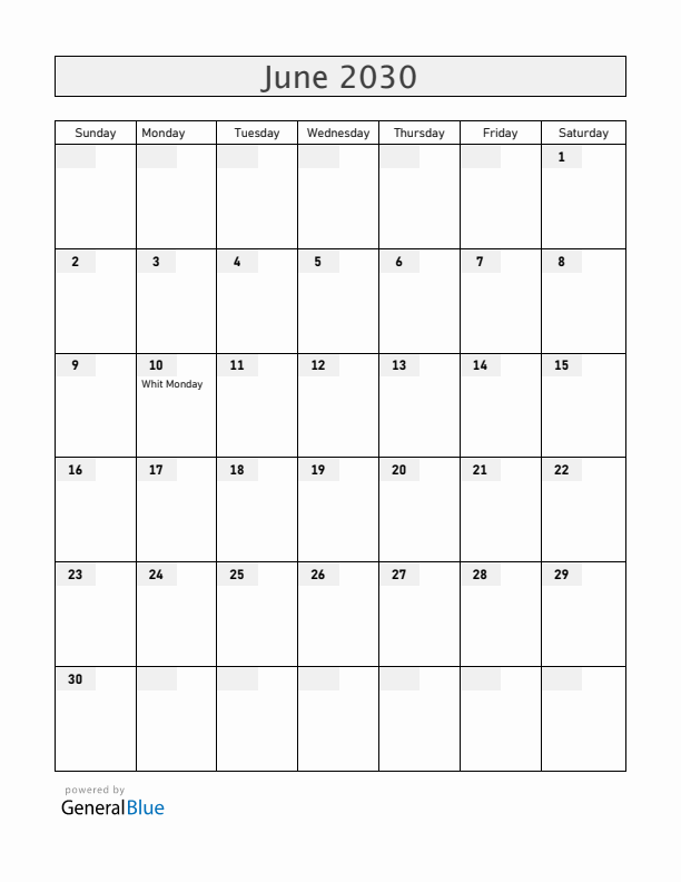 Saint Helena June 2030 Calendar with Holidays