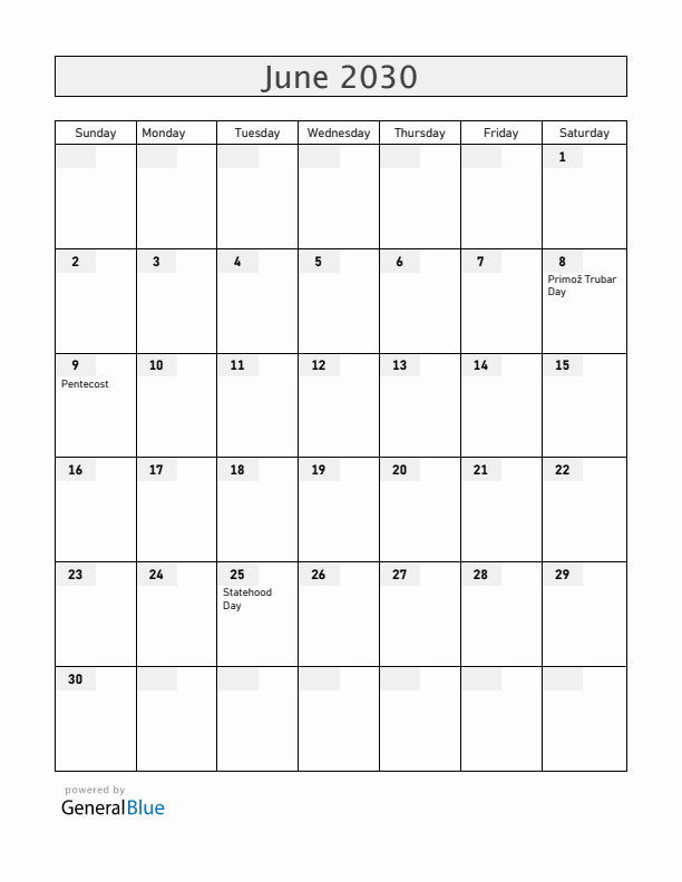 Slovenia June 2030 Calendar with Holidays