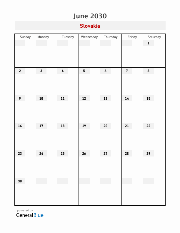 Slovakia June 2030 Calendar with Holidays
