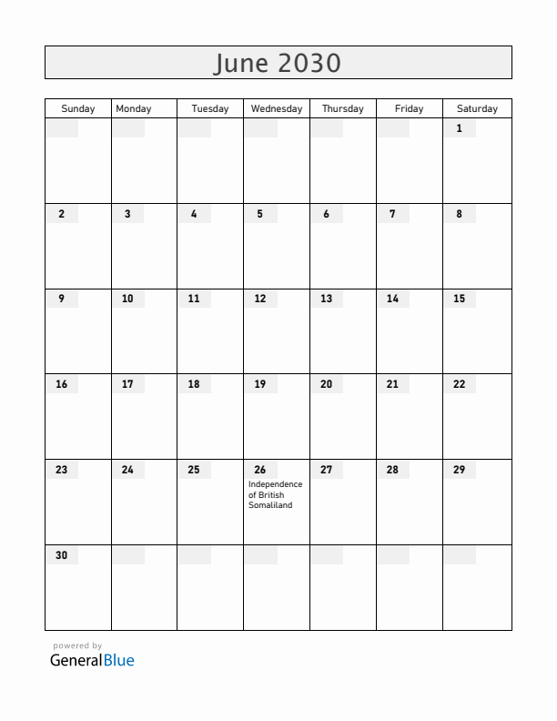 Somalia June 2030 Calendar with Holidays