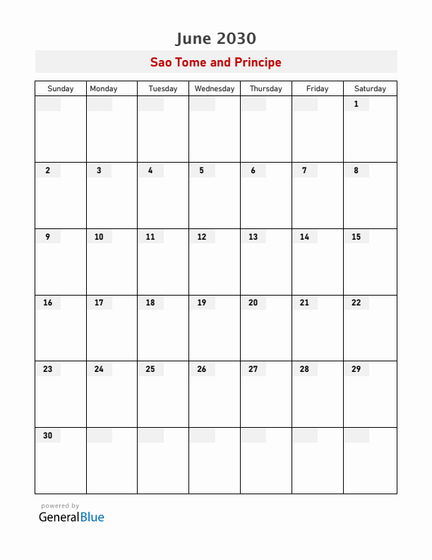 Sao Tome and Principe June 2030 Calendar with Holidays