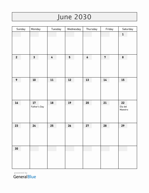 El Salvador June 2030 Calendar with Holidays
