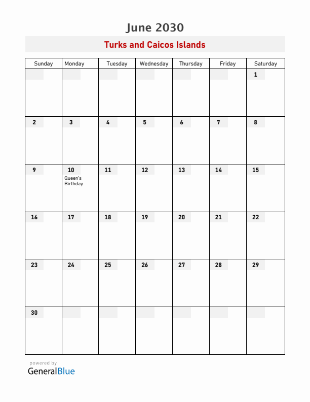 Turks and Caicos Islands June 2030 Calendar with Holidays