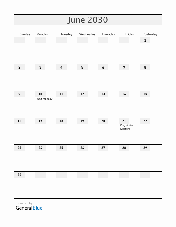 Togo June 2030 Calendar with Holidays