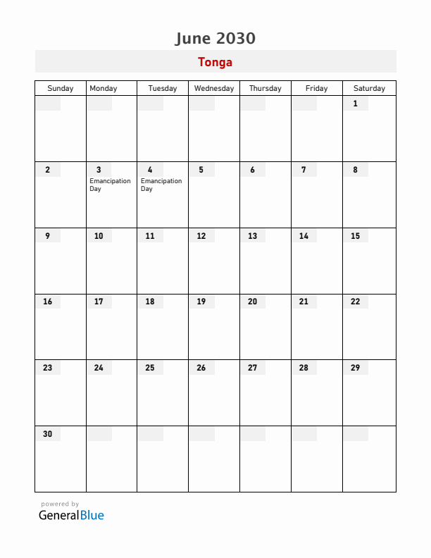 Tonga June 2030 Calendar with Holidays