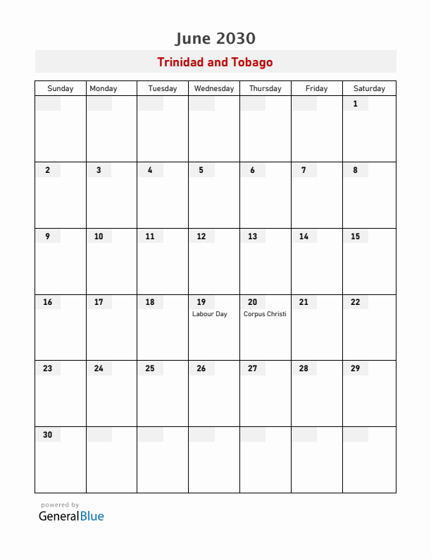 Trinidad and Tobago June 2030 Calendar with Holidays