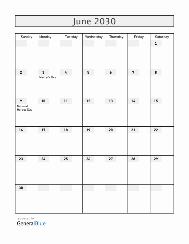 Uganda June 2030 Calendar with Holidays