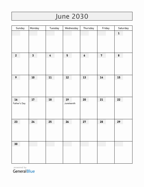 United States June 2030 Calendar with Holidays