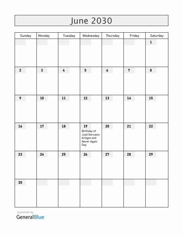 Uruguay June 2030 Calendar with Holidays