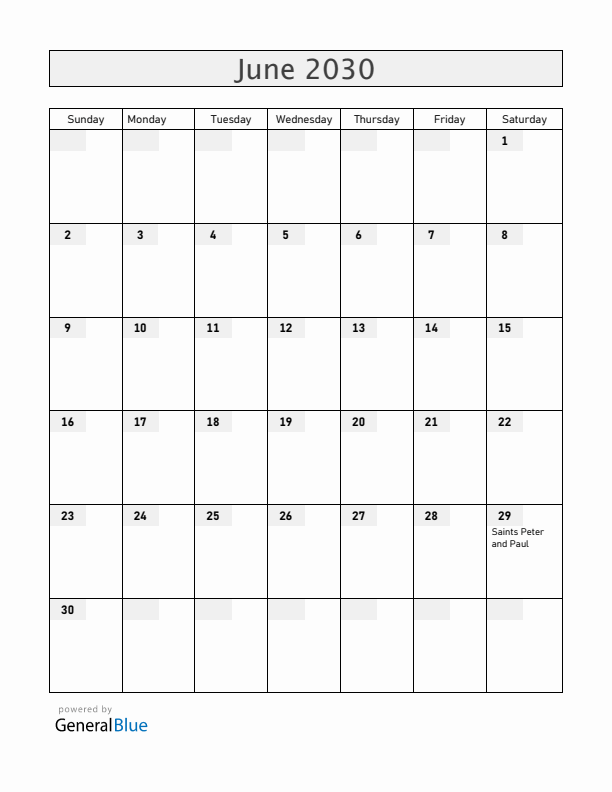 Vatican June 2030 Calendar with Holidays