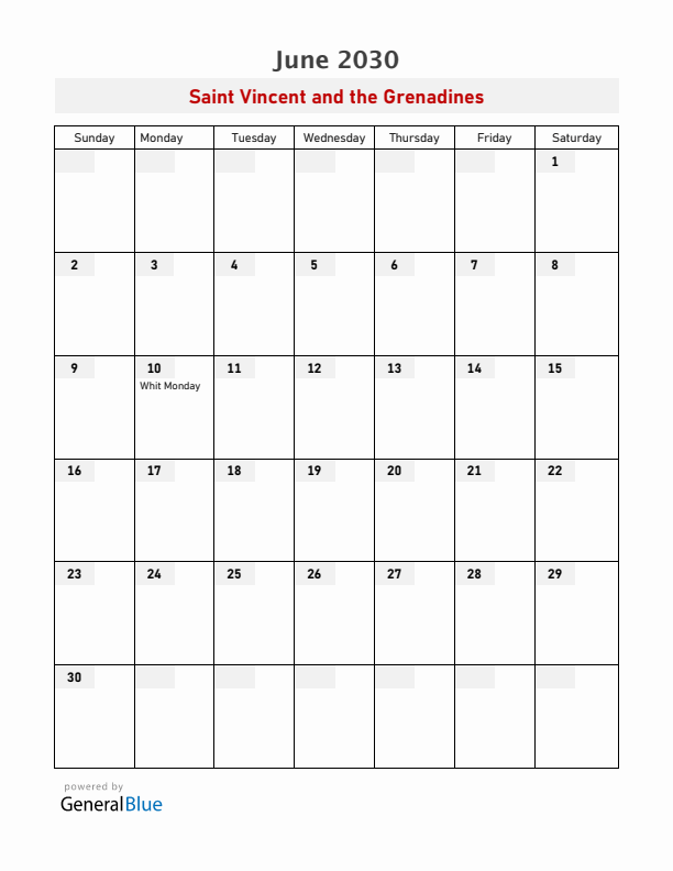 Saint Vincent and the Grenadines June 2030 Calendar with Holidays