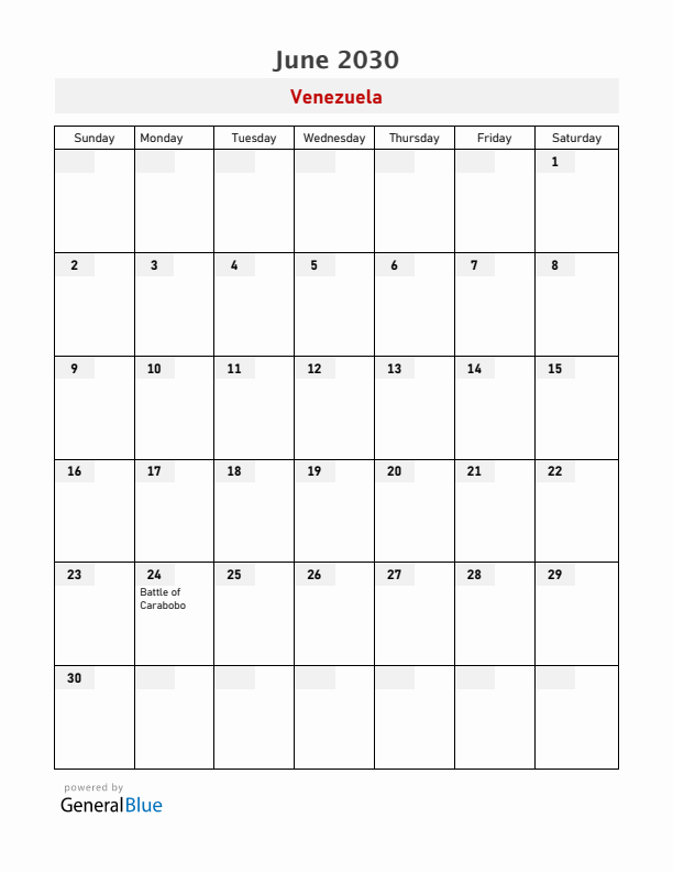 Venezuela June 2030 Calendar with Holidays