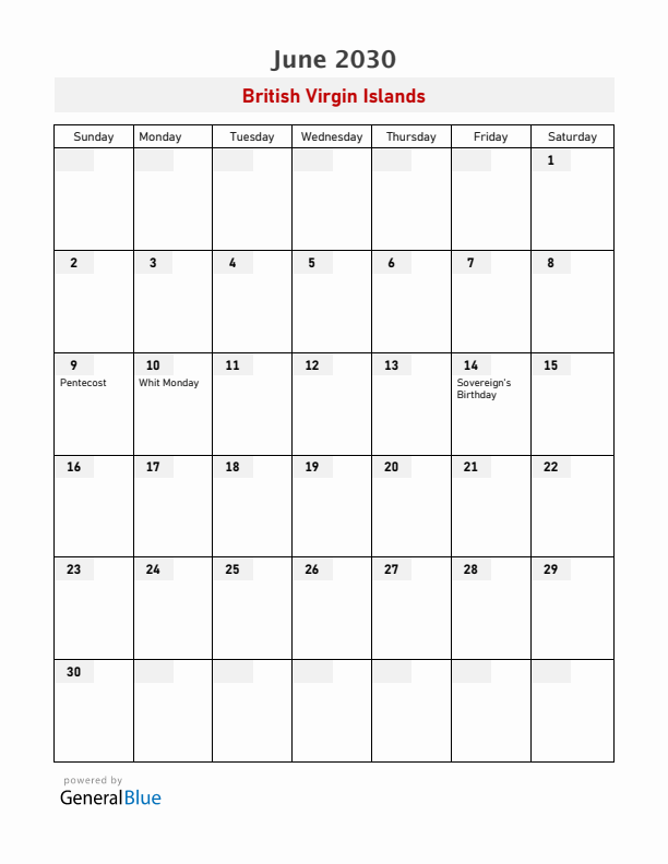 British Virgin Islands June 2030 Calendar with Holidays