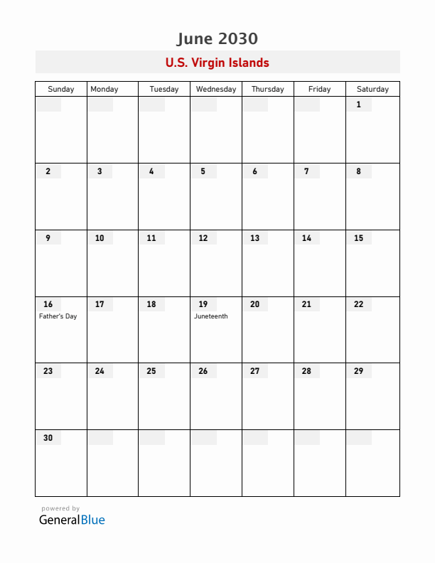 U.S. Virgin Islands June 2030 Calendar with Holidays