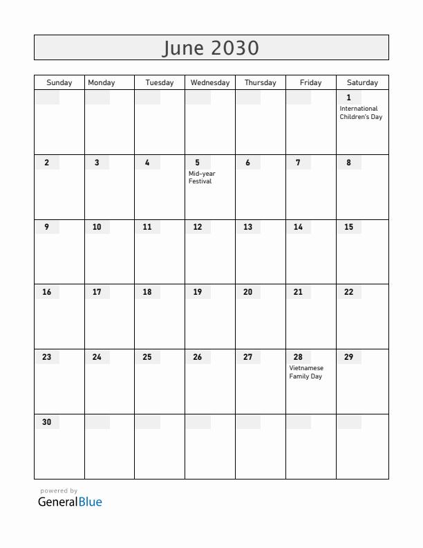 Vietnam June 2030 Calendar with Holidays