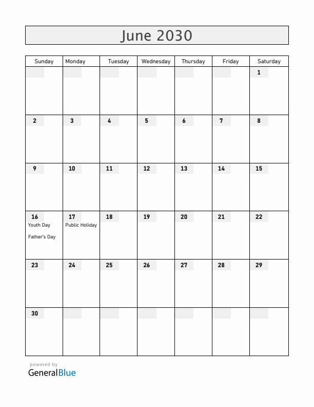 South Africa June 2030 Calendar with Holidays