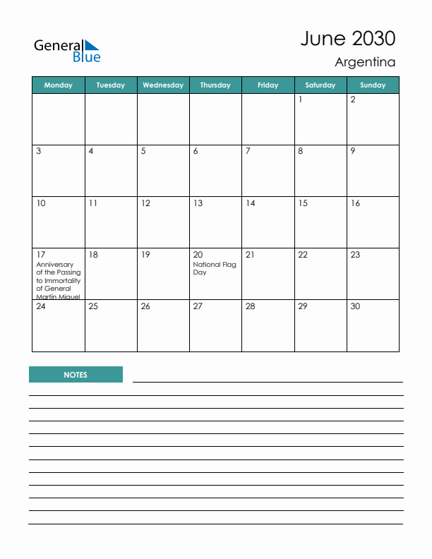 Calendar with Notes Printable - Monday Start