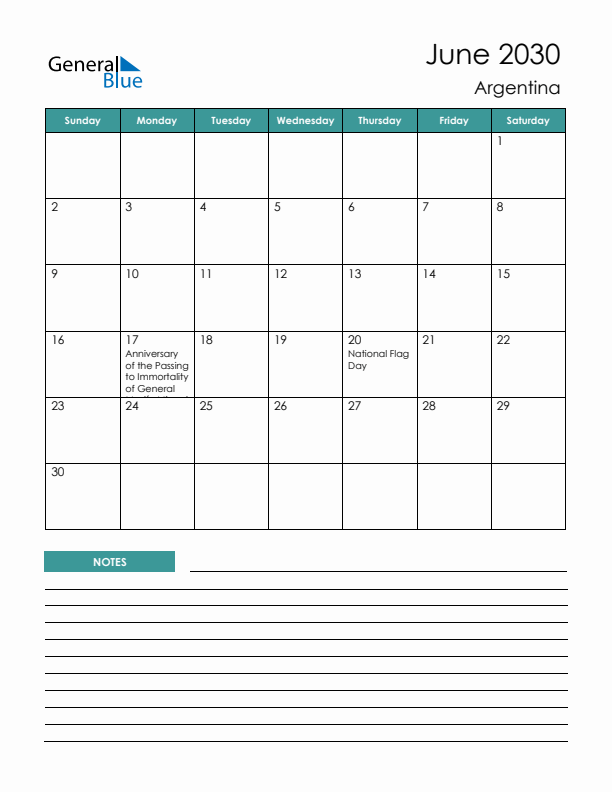 Calendar with Notes Printable - Sunday Start