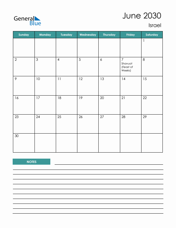 Calendar with Notes Printable - Sunday Start