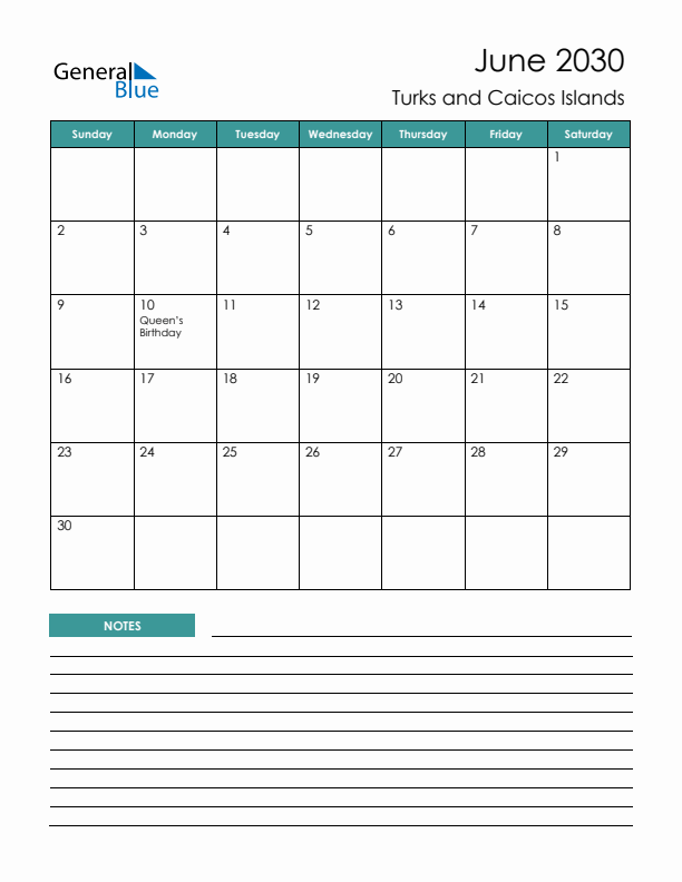 Calendar with Notes Printable - Sunday Start