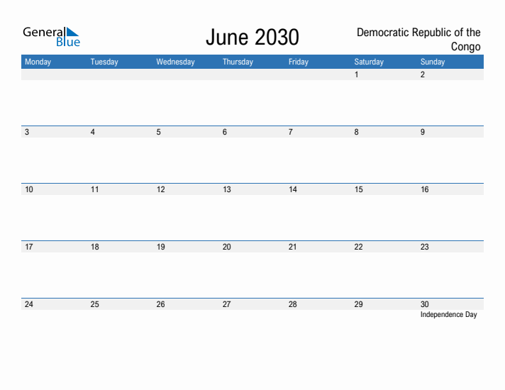 Fillable June 2030 Calendar