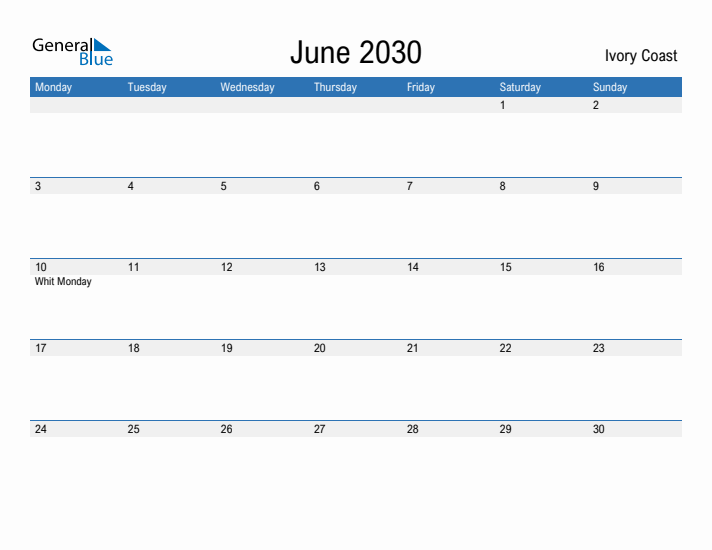 Fillable June 2030 Calendar