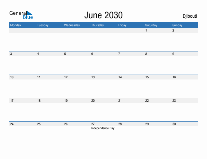 Fillable June 2030 Calendar