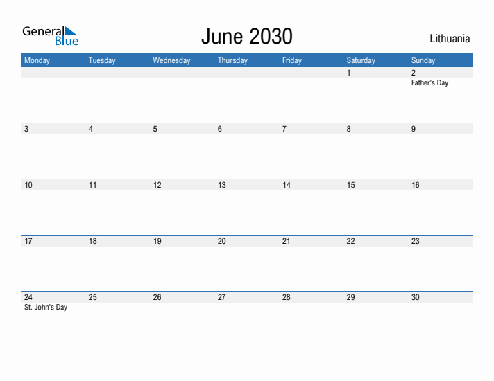 Fillable June 2030 Calendar