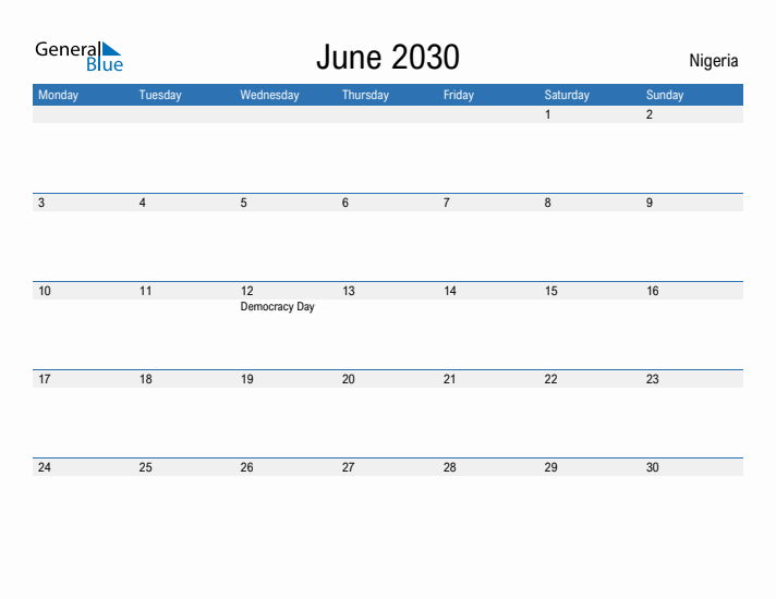 Fillable June 2030 Calendar