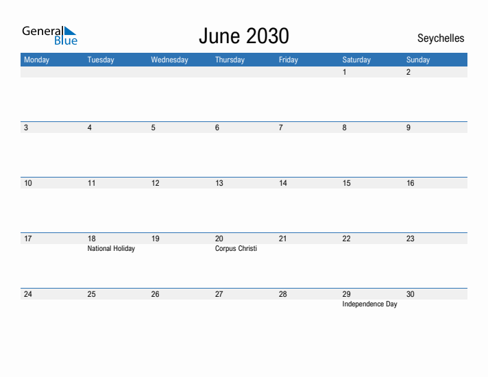 Fillable June 2030 Calendar