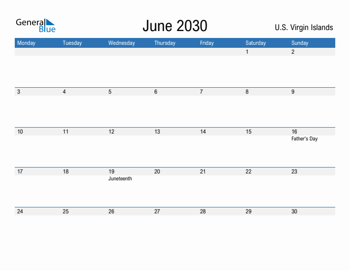 Fillable June 2030 Calendar