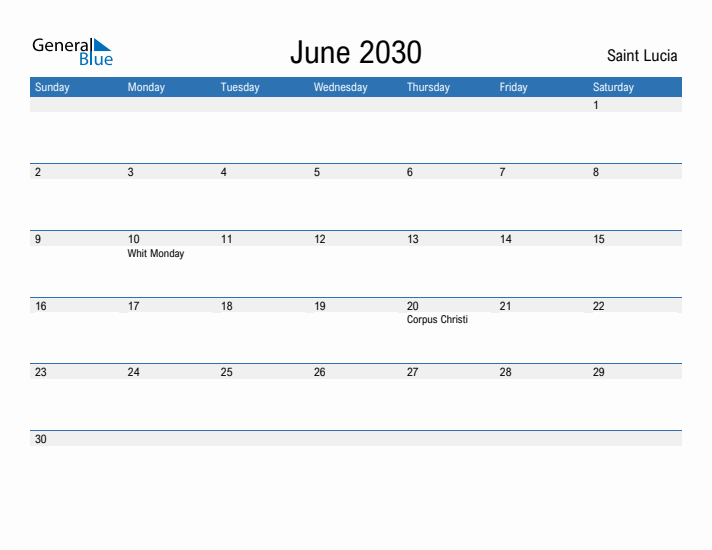 Fillable June 2030 Calendar