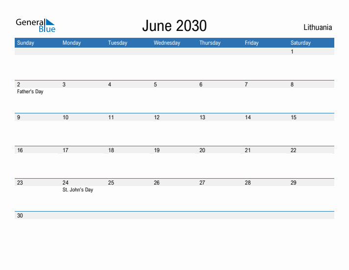 Fillable June 2030 Calendar