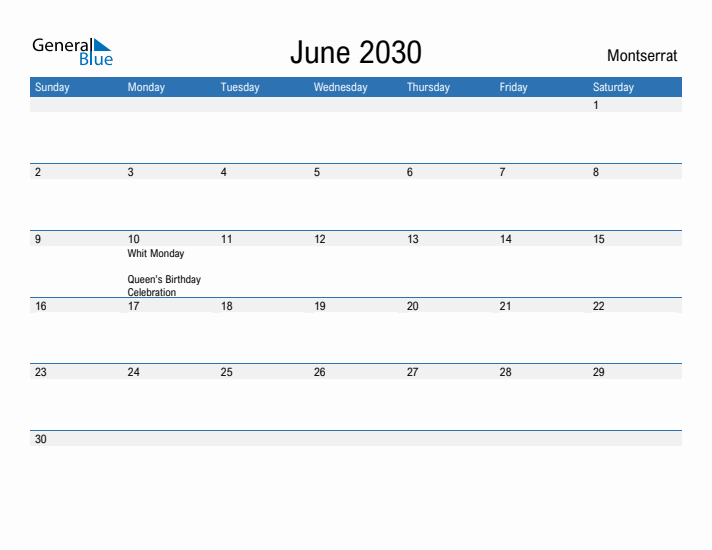 Fillable June 2030 Calendar