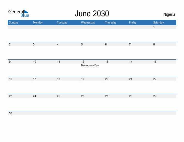 Fillable June 2030 Calendar