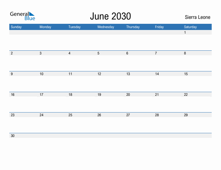 Fillable June 2030 Calendar