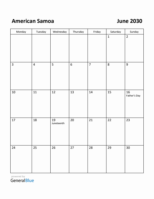 June 2030 Calendar with American Samoa Holidays