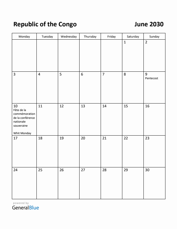 June 2030 Calendar with Republic of the Congo Holidays