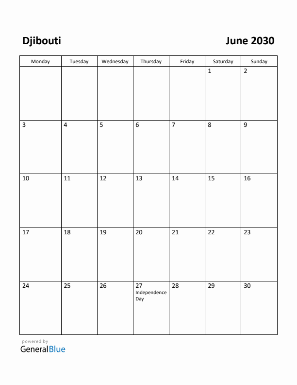 June 2030 Calendar with Djibouti Holidays