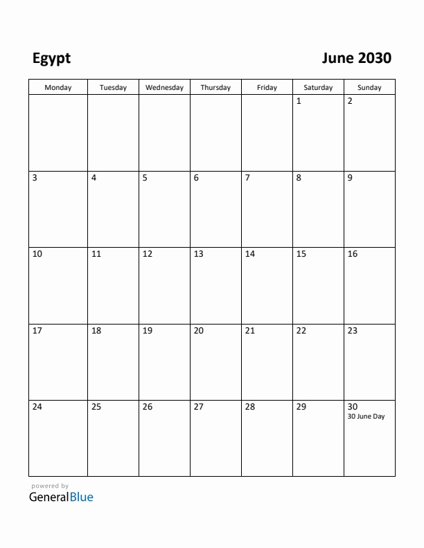 June 2030 Calendar with Egypt Holidays