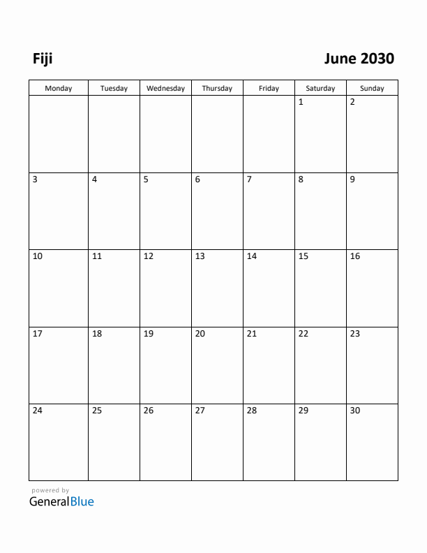June 2030 Calendar with Fiji Holidays