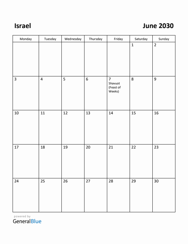 June 2030 Calendar with Israel Holidays