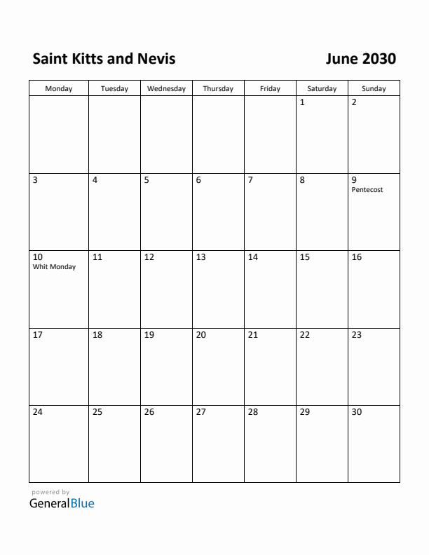 June 2030 Calendar with Saint Kitts and Nevis Holidays