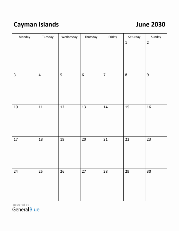 June 2030 Calendar with Cayman Islands Holidays