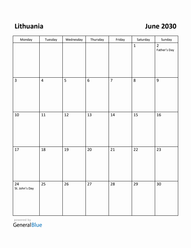 June 2030 Calendar with Lithuania Holidays