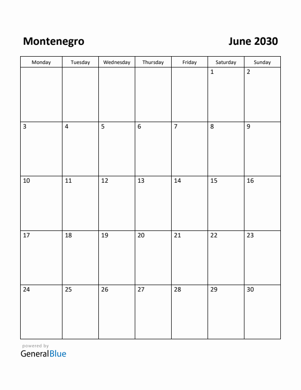 June 2030 Calendar with Montenegro Holidays