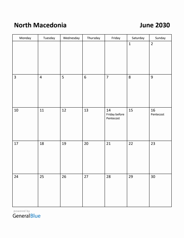 June 2030 Calendar with North Macedonia Holidays