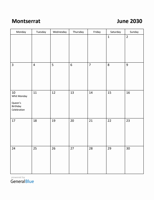 June 2030 Calendar with Montserrat Holidays